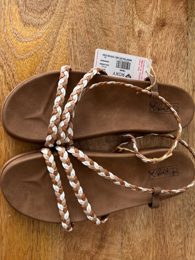 Roxy Womens Size 11 Sandals, Flat Shoes, Strapy Sandal, Brown, White, Flatform